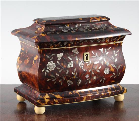 An early Victorian mother of pearl inlaid tortoiseshell tea caddy, 6.75in.